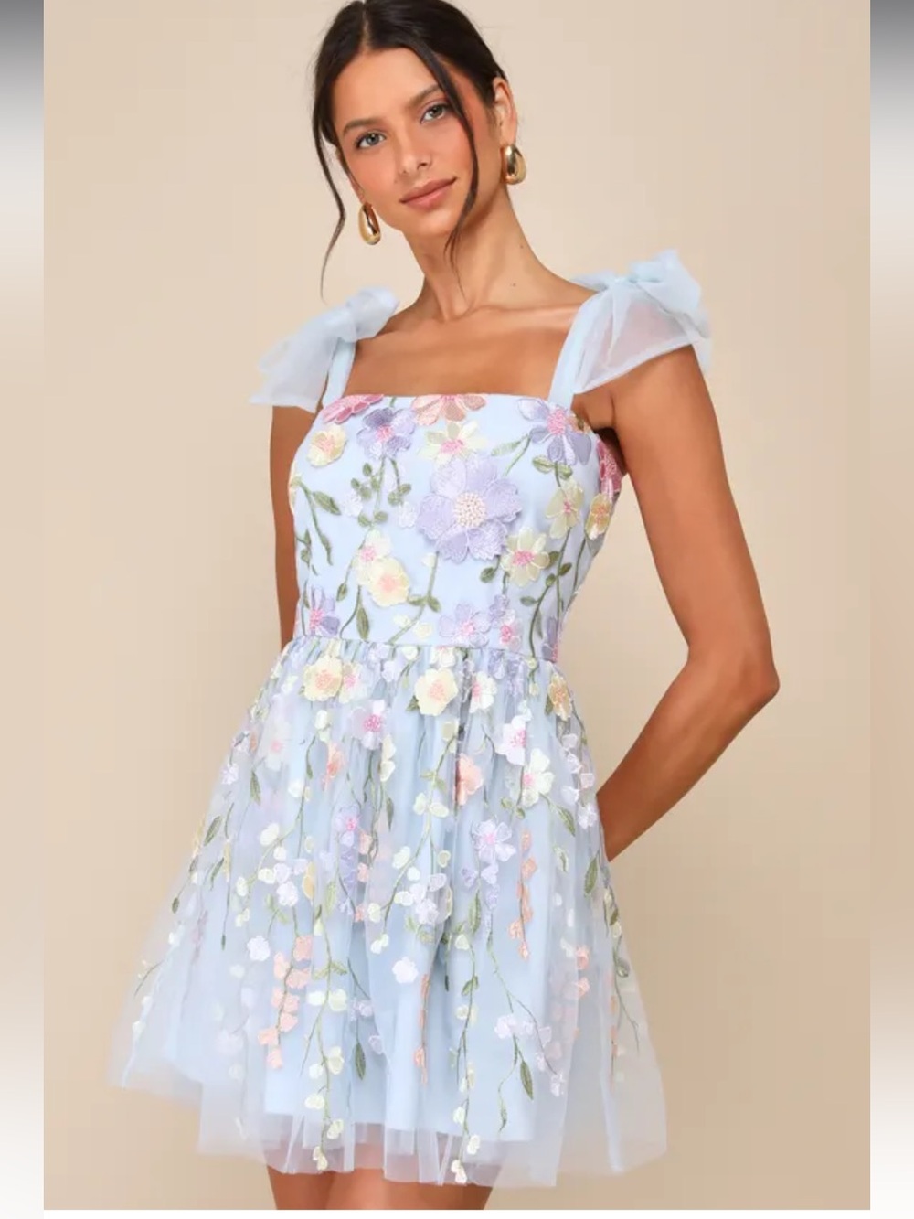 Classic Romance Blue 3D Floral Applique Tie-Strap Mini Dress